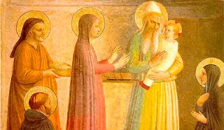 Medieval religious painting: elders presenting infant in temple