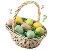 Wicker basket filled with decorated Easter eggs