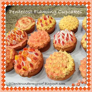 Flame-topped Pentecost cupcakes on tray