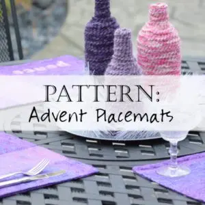 Knitted purple bottle covers and placemats