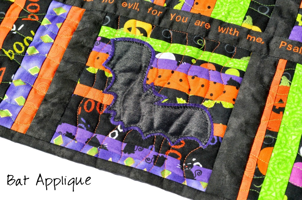 Scrap String Halloween Table Runner with Scripture and Bats