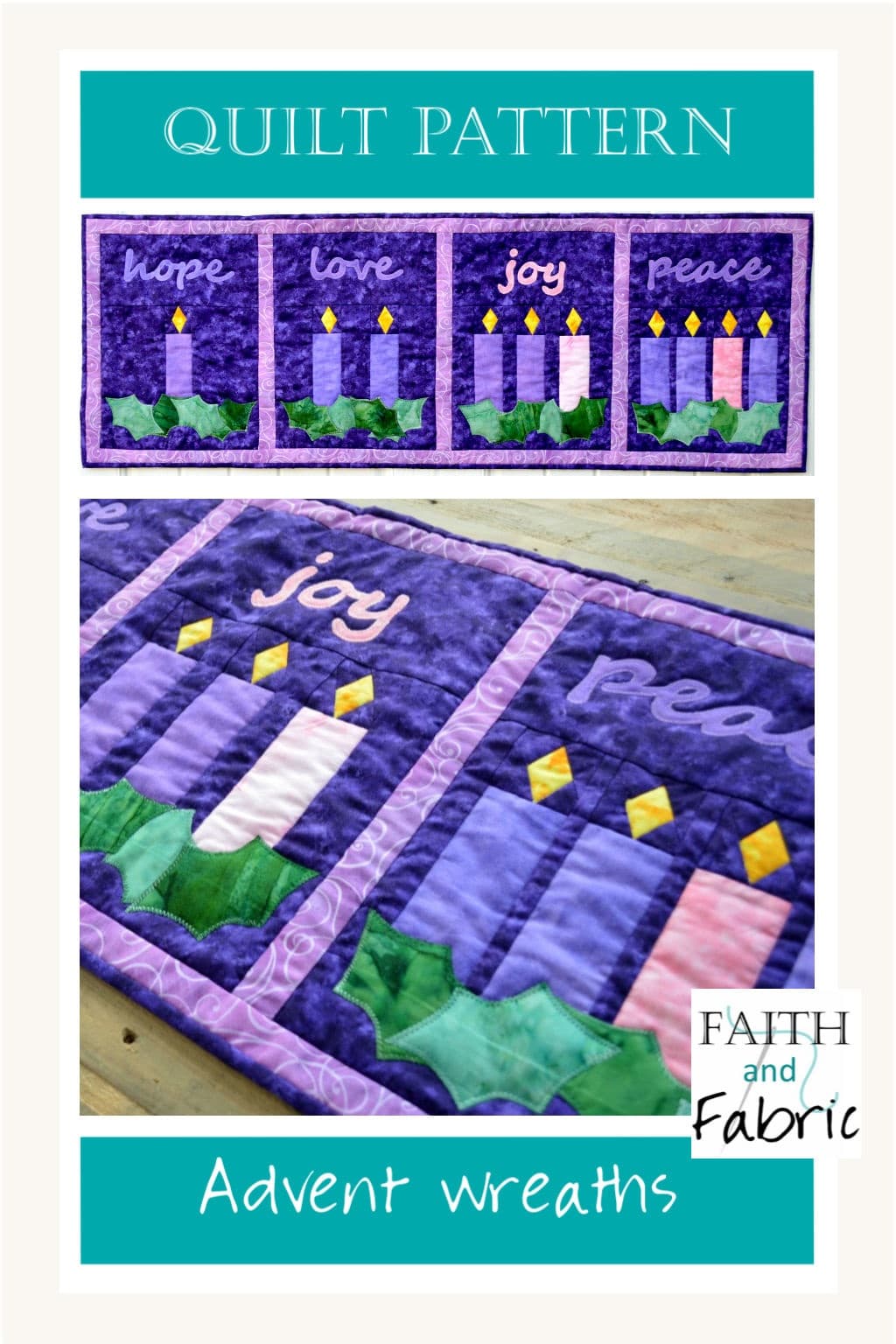 Celebrate the beauty of Advent with this versatile Advent quilt pattern! The four quilt panels can be arranged to be either a table runner, banner, or wall hanging. Each panel in this Christian quilt represents a different week of the Advent season. 