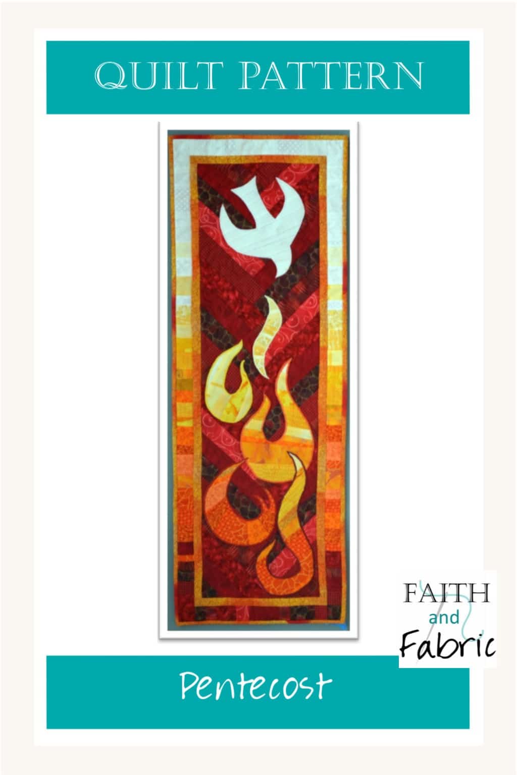 Celebrate the fire of Pentecost with this bold quilt pattern! The dove dives into the flames in the radiating banner, making it the perfect quilt for hanging in your church for Pentecost. Designed by Faith and Fabric.