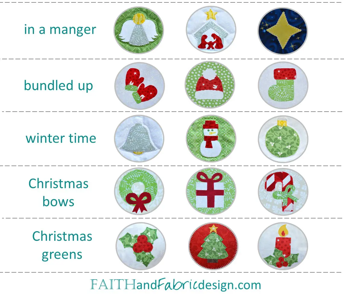 Grid of Christmas embroidered fabric applique designs