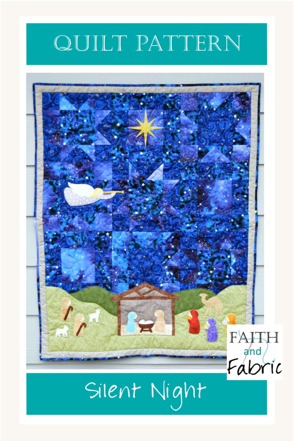 This beautiful Christian quilt pattern shares the first silent night; the dramatic stars in the sky in this Christmas quilt pattern create the backdrop for Mary, Joseph, and Jesus come Christmas morning. Quilt pattern designed by Faith and Fabric.