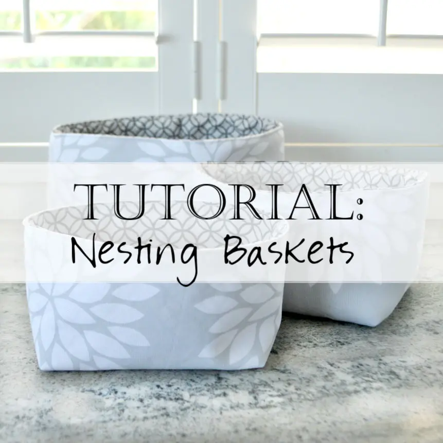 Gray patterned fabric nesting baskets on countertop