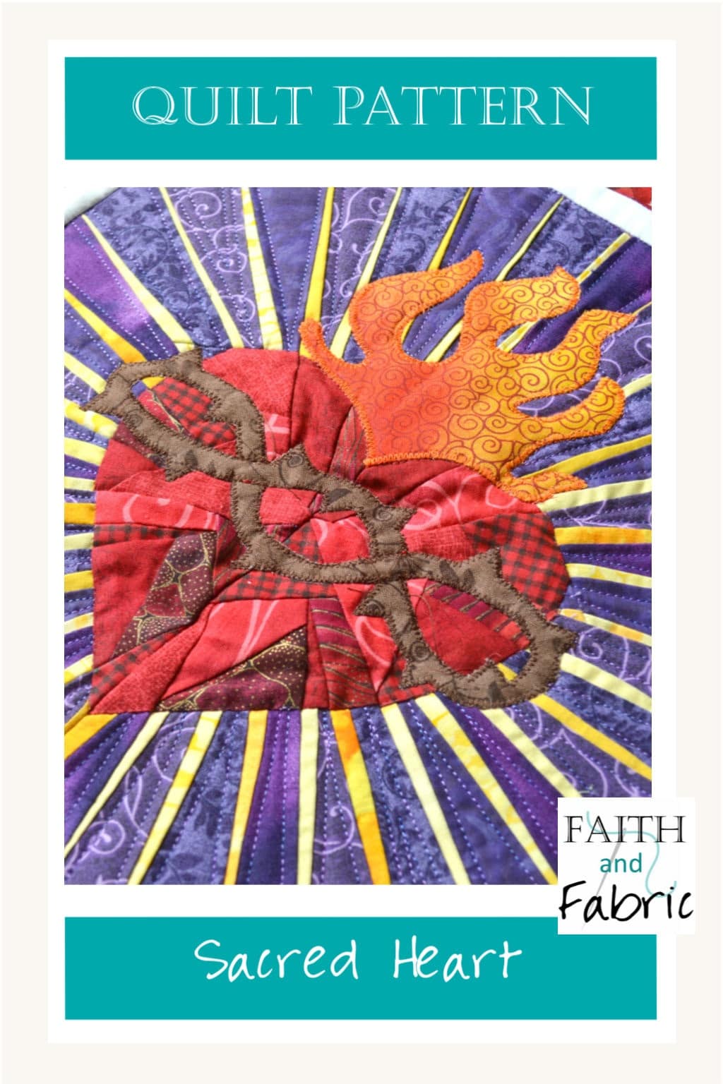 Celebrate the mystery of the Sacred Hear with this Christian quilt pattern! This quilt pattern combines foundation paper piece within the heart and radiant rays, applique flames and crown of thorns, and both traditional and improv piecing for the finishing details. 