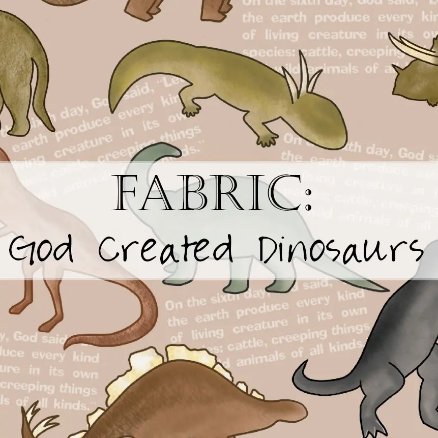 Patterned fabric with cartoon dinosaurs and text