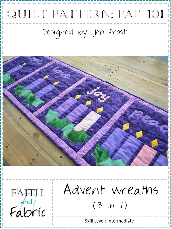 Purple Advent wreath quilt runner with candles
