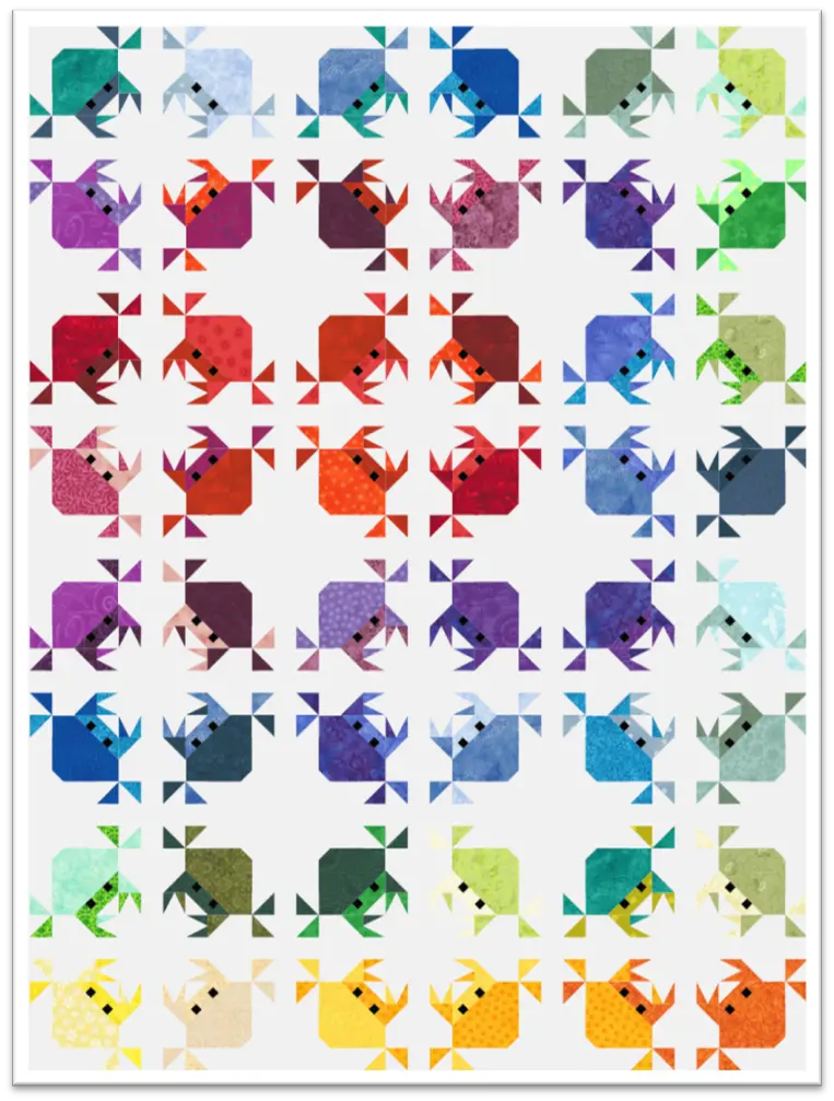 Grid of colorful origami crab illustrations