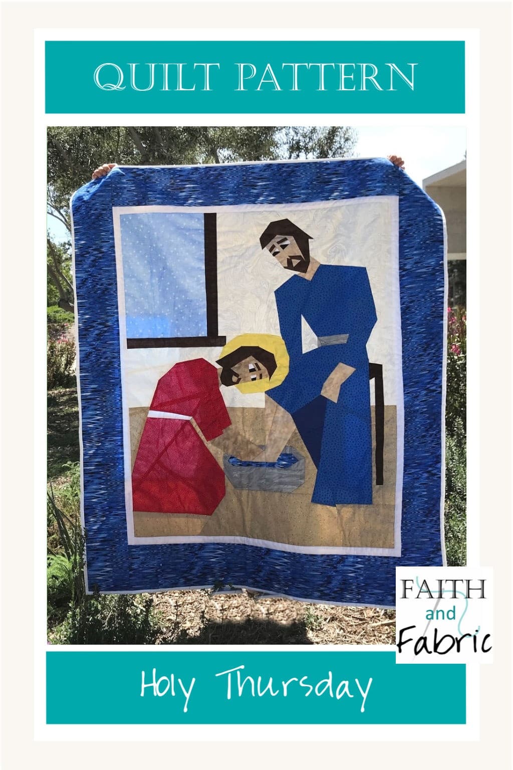 This Christian quilt pattern for Lent depicts Jesus washing Peter's feet. This Last Supper quilt pattern is foundation paper pieced, making it a great quilt for novice sewists as you just sew on the lines. Celebrate Holy Thursday with this beautiful Lent quilt pattern design!