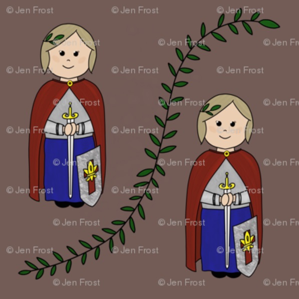This beautiful fabric, by the yard, depicts the strength of Saint Joan of Arc!