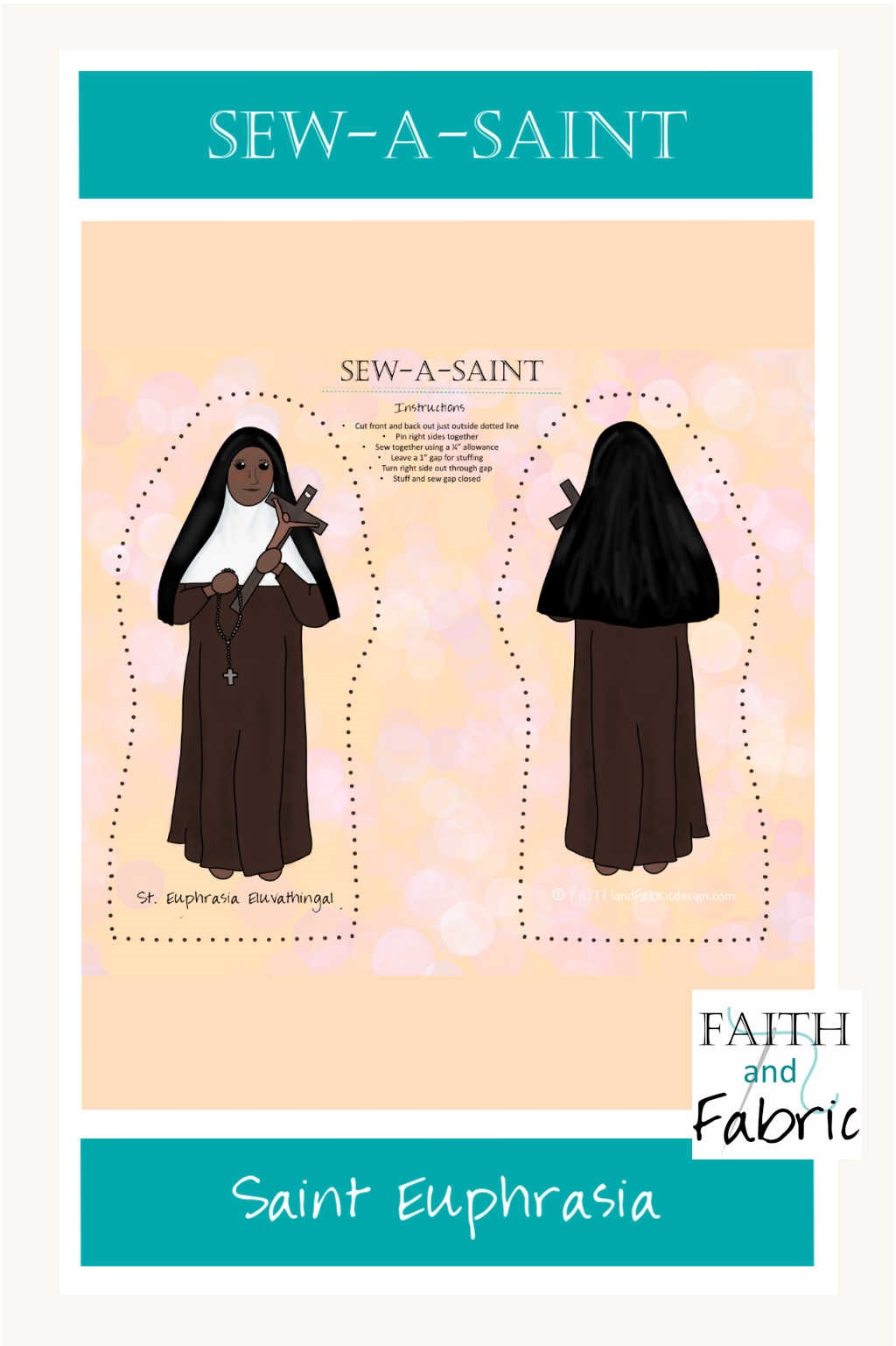 Sew a beautiful saint doll of St. Euphrasia Eluvathingal, the patron saint of India! These beginner friendly dolls come printed - front and back - on a fabric panel, complete with directions, ready to sew.