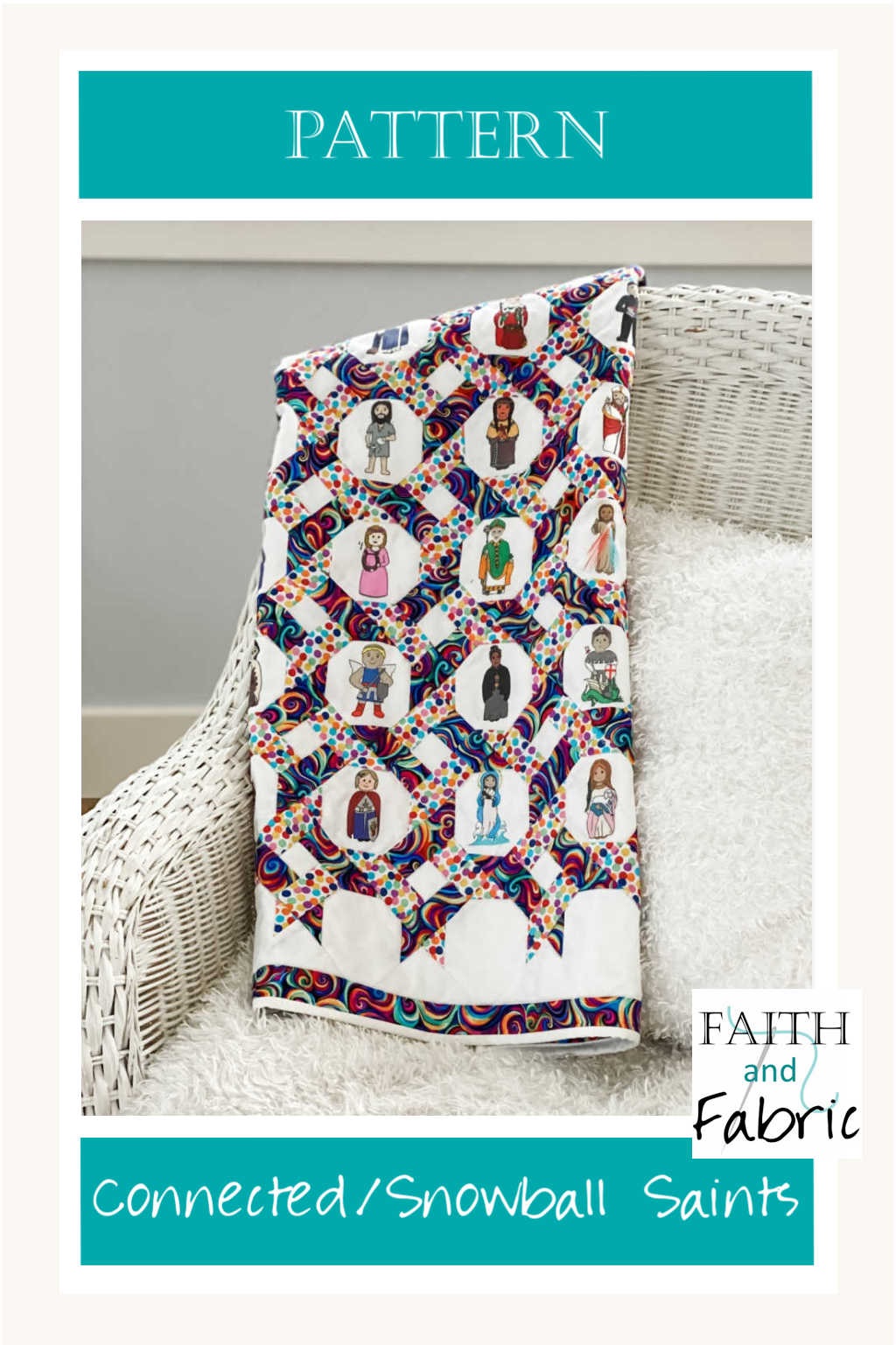 Whether this side of heaven or the other, we are all connected - and this quilt pattern captures that beautifully. Designed after the links in a chain-link fence, two fabrics wind their away around our custom-designed saints fabric, depicting 24 diverse saints from our shared history. Made with the custom fabric or with fabrics of your choice, this gorgeous on-point pattern reminds us that we all are, truly, connected to one another.