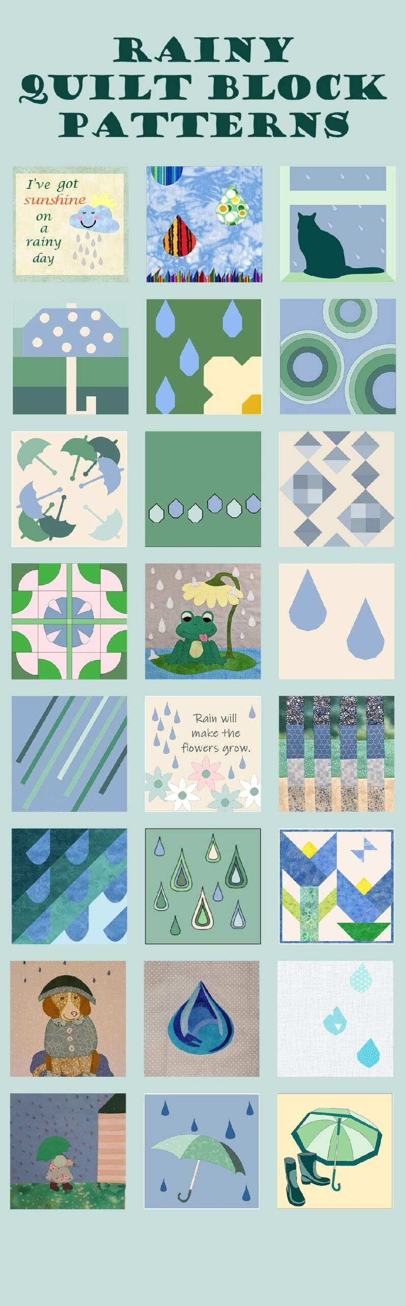 Create the gentle April showers with this rain quilt block pattern! The repeating quilt block, designed as a foundation paper pieced pattern, is lovely when repeated in alternating rain drops, set against a soft gray sky.